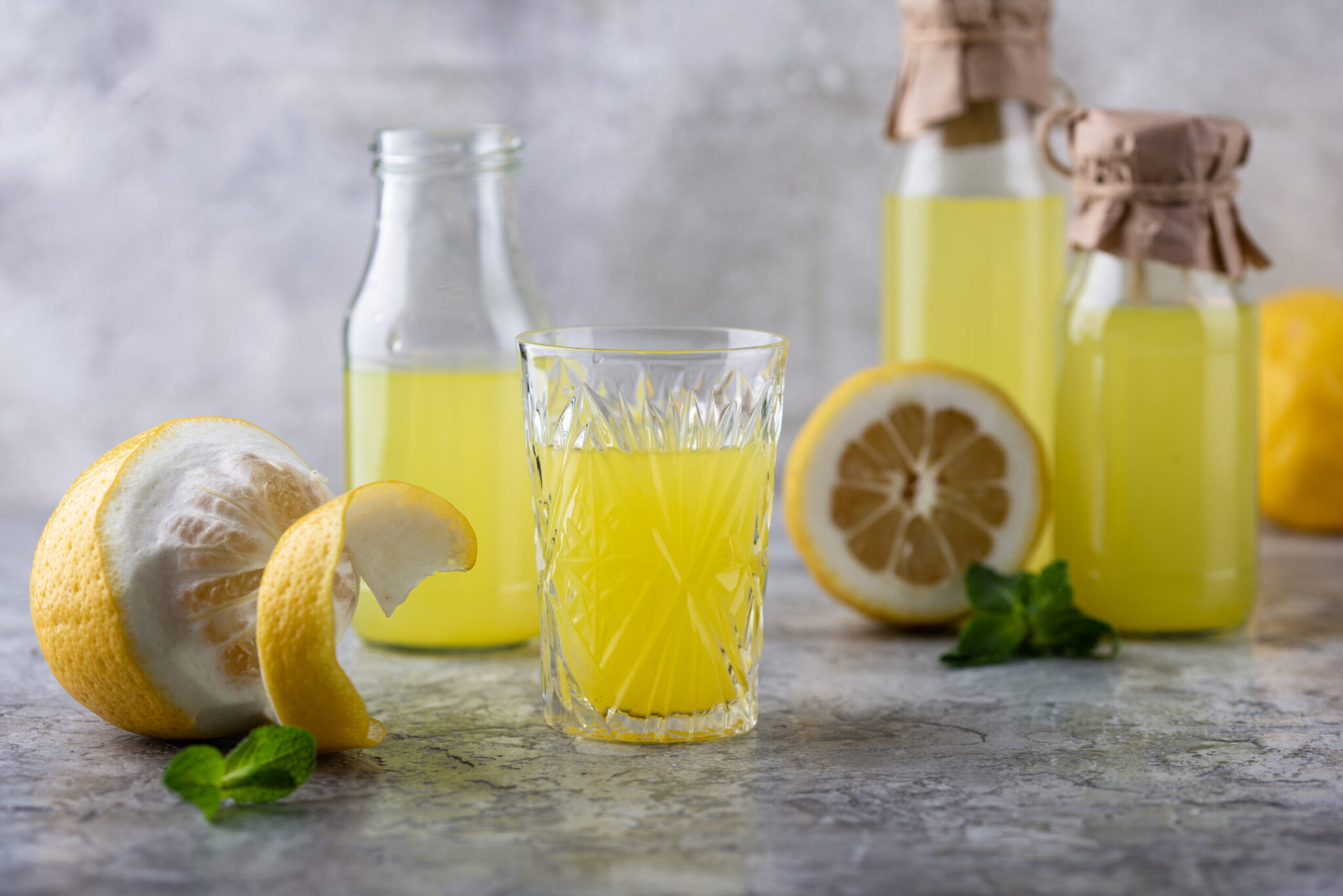 Traditional italian limoncello or lemon liquor or homemade lemonade