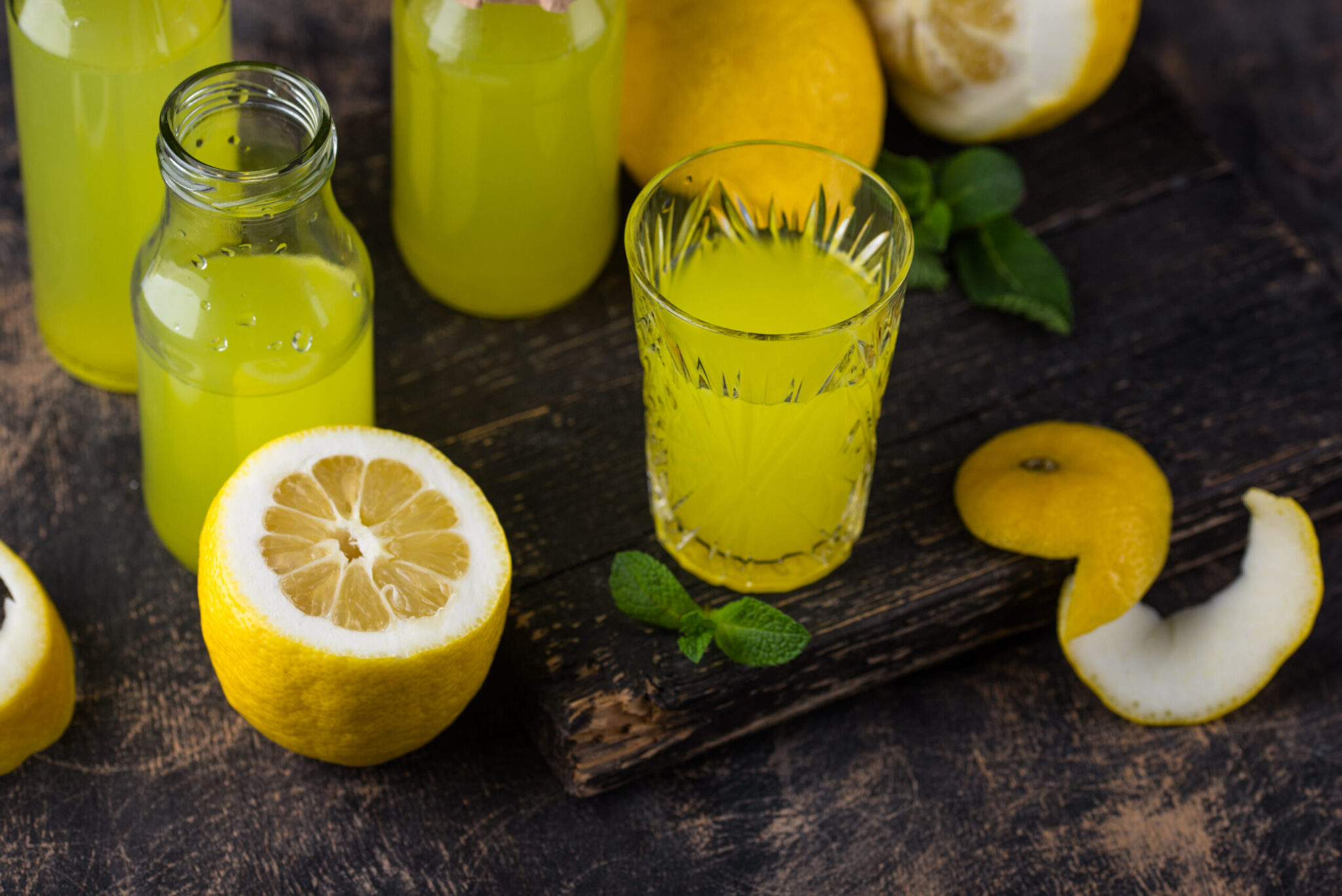 Traditional italian limoncello or lemon liquor or homemade lemonade
